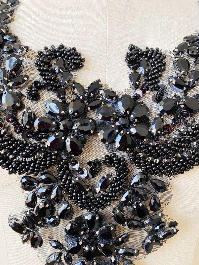 wtbvn Handmade Rhinestones lace Applique handsewing Beads Trim Patches Neckline for Dress Clothes Accessory (Black) - Image 1